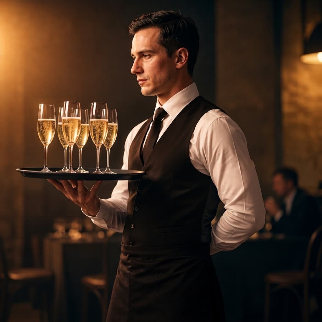 Kelner podczas obsługi eleganckiego bankietu